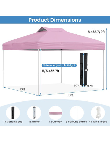 Carpa Plegable HAPPYGRILL 3 Niveles 10x10 ft Rosa