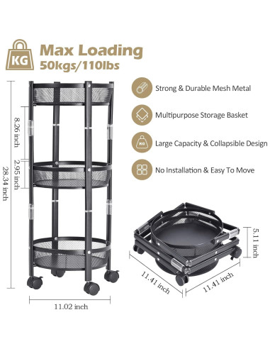 Carro de Almacenamiento Metálico TOOLF 3 Niveles Plegable Negro