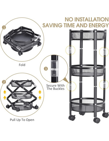 Carro de Almacenamiento Metálico TOOLF 3 Niveles Plegable Negro