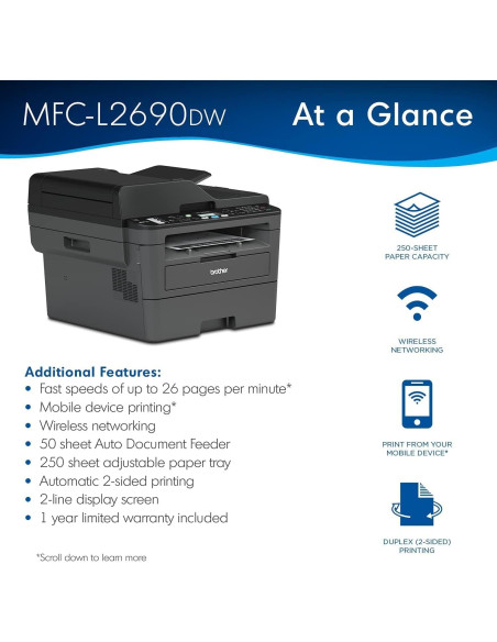 Impresora Láser Monocromática Brother MFC-L2690DW Todo-en-Uno Impresora Láser Monocromática Brother MFC-L2690DW Todo-en-Uno