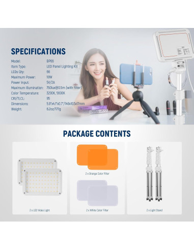Kit de Iluminación LED Bi Color OTREST BP66 2 Piezas 3200K-5600K