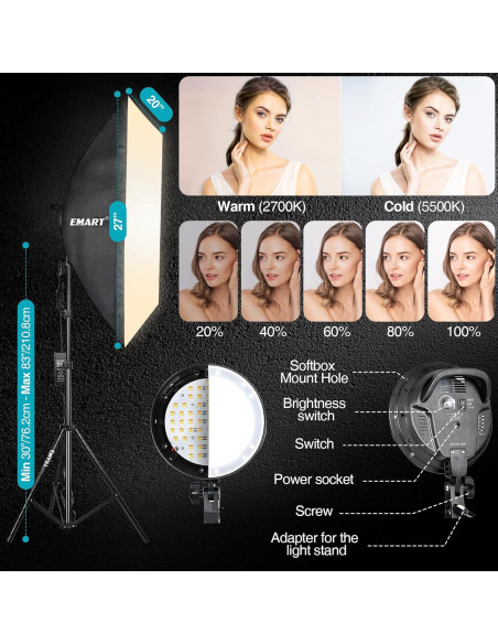 Kit de Iluminación Fotográfica EMART con Soporte 7x3m y Fondos Kit de Iluminación Fotográfica EMART con Soporte 7x3m y Fondos