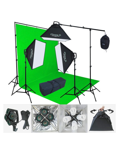 Kit de Iluminación Fotográfica LINCO 2400W con Fondo Verde 3x6m Kit de Iluminación Fotográfica LINCO 2400W con Fondo Verde 3x6m