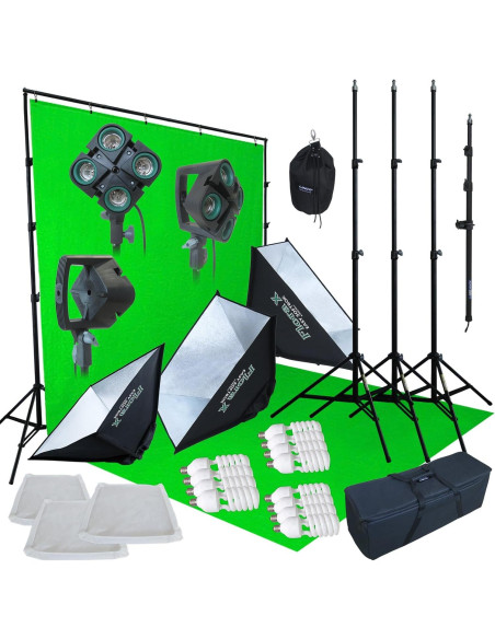 Kit de Iluminación Fotográfica LINCO 2400W con Fondo Verde 3x6m Kit de Iluminación Fotográfica LINCO 2400W con Fondo Verde 3x6m