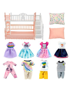 Ropa para muñecas 13.46 cm + Cama litera rosa + 6 trajes
