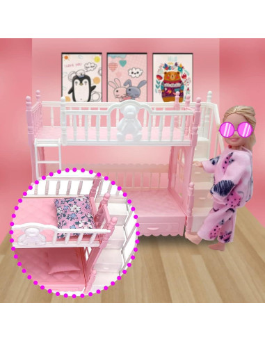 Ropa para muñecas 13.46 cm + Cama litera rosa + 6 trajes