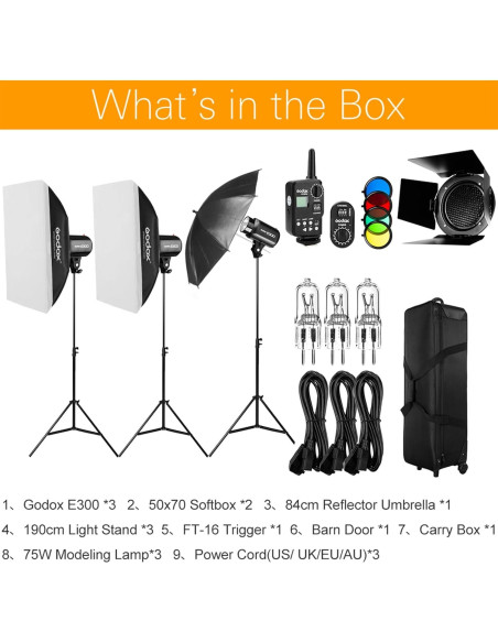 Kit de Luz Estroboscópica Godox E300 3x300W con Disparador FT-16 Kit de Luz Estroboscópica Godox E300 3x300W con Disparador FT-16