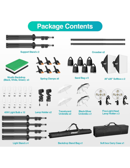 Kit de Iluminación Fotográfica EMART con Soporte y Fondos Kit de Iluminación Fotográfica EMART con Soporte y Fondos