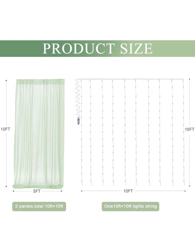 Cortina de Tulle Verde Salvia con Luces 2 Paneles 5x10FT
