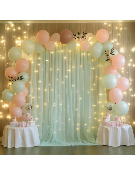 Cortina de Tulle Verde Salvia con Luces 2 Paneles 5x10FT Cortina de Tulle Verde Salvia con Luces 2 Paneles 5x10FT