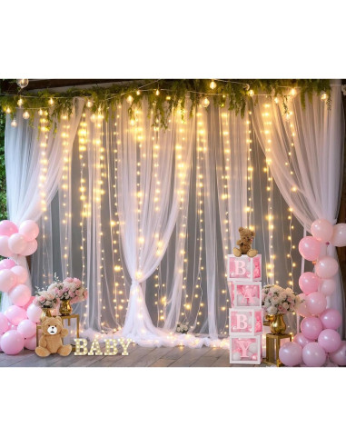Cortina de fondo blanca con luces Suppromo 3m x 3m para fiestas