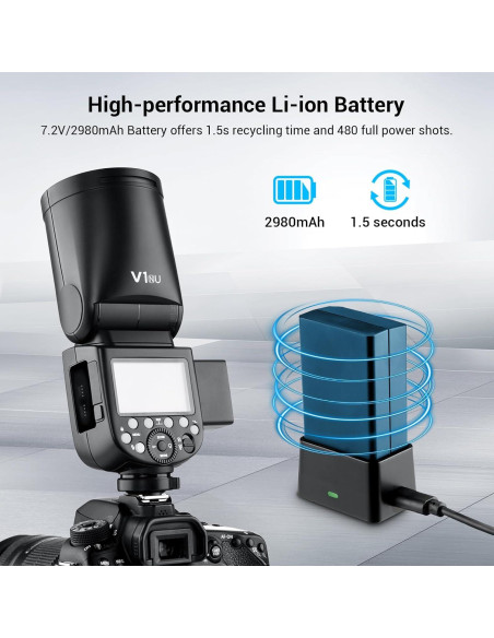 Flash Godox V1-NU para Nikon, TTL 2.4G, 480 Disparos Flash Godox V1-NU para Nikon, TTL 2.4G, 480 Disparos
