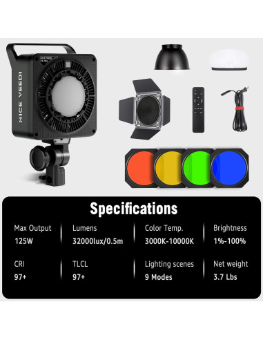 Luz de Video RGB NiceVeedi 125W con Montura Bowens 3000K-10000K