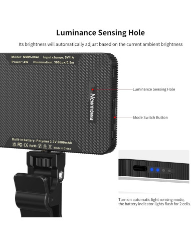 Luz de Selfie Recargable Newmowa Negra 2000mAh 3 Modos