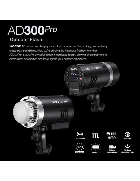 Flash Godox AD300 Pro 300W TTL Portátil con Batería 2600mAh Flash Godox AD300 Pro 300W TTL Portátil con Batería 2600mAh