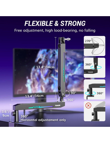 Brazo de Micrófono RGB TONOR T90LP, Soporte Bajo 1.5kg Brazo de Micrófono RGB TONOR T90LP, Soporte Bajo 1.5kg