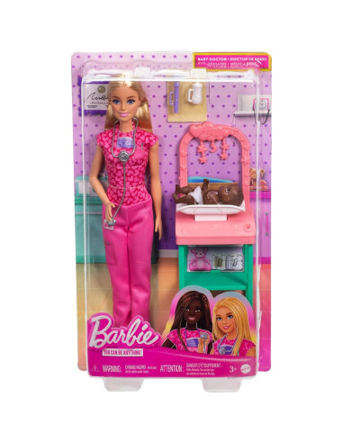 Muñeca Barbie Doctor con Bebé y Accesorios - Scrubs Rosados