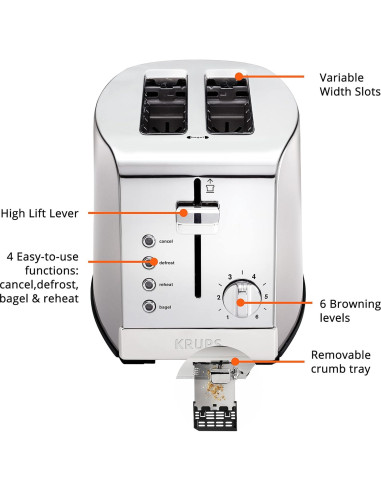 Tostadora KRUPS 2 Rebanadas Acero Inoxidable 1200W Plata
