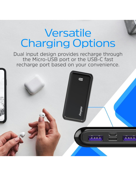 Cargador Portátil Energizer 10,000mAh USB-C y USB-A Carga Rápida Cargador Portátil Energizer 10,000mAh USB-C y USB-A Carga Rápida