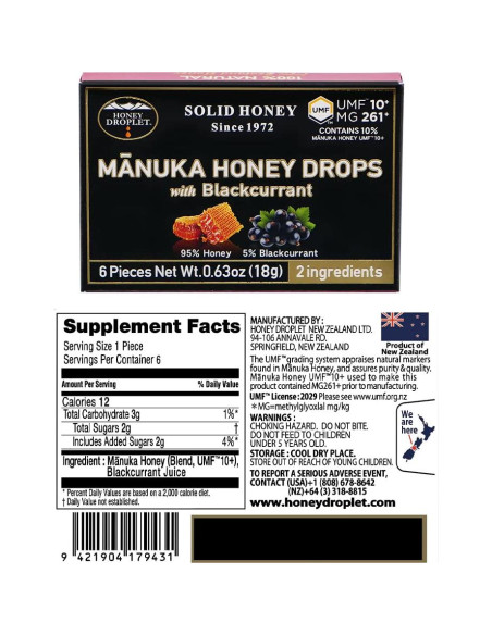 Gotas de Miel Manuka Gota de Miel UMF10+ Sabor Grosella 6 Paquetes Gotas de Miel Manuka Gota de Miel UMF10+ Sabor Grosella 6 Paquetes