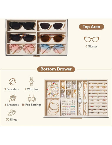 Caja de Joyería Lifewit 2 Capas Organizador Gafas 6 Compartimentos