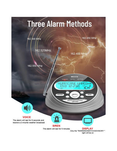 Radio Meteorológica NOAA TMUS-MD319 con 80 Alertas y Respaldo de Batería