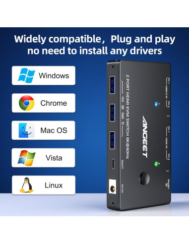 KVM Switch HDMI 8K ANGEET 2 Puertos USB 3.0 Control Remoto
