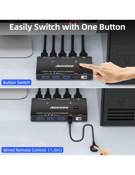 Conmutador KVM HDMI 8K AOOCOO 2 PC 1 Monitor USB 3.0 Conmutador KVM HDMI 8K AOOCOO 2 PC 1 Monitor USB 3.0
