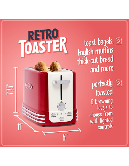 Tostadora Ancha Nostalgia Retro 2 Rebanadas 900W Rojo Tostadora Ancha Nostalgia Retro 2 Rebanadas 900W Rojo