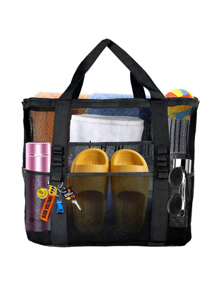 Bolsa de Playa Grande de Malla Negra - Ligera y Plegable con 9 Bolsillos Bolsa de Playa Grande de Malla Negra - Ligera y Plegable con 9 Bolsillos