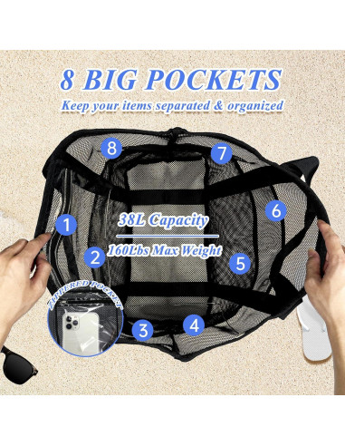 Bolsa de Playa Grande de Malla Negra - Ligera y Plegable con 9 Bolsillos