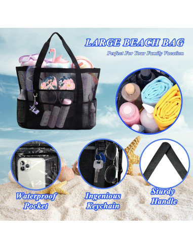 Bolsa de Playa Grande de Malla Negra - Ligera y Plegable con 9 Bolsillos