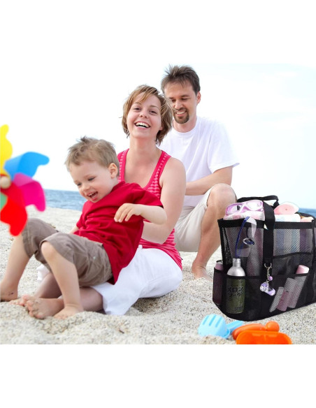Bolsa de Playa Grande de Malla Negra - Ligera y Plegable con 9 Bolsillos Bolsa de Playa Grande de Malla Negra - Ligera y Plegable con 9 Bolsillos