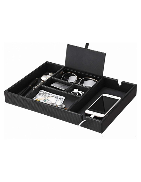 Bandeja de Valet BEWISHOME Organizador de Mesita de Noche 6 Compartimentos Cuero Sintético Negro Bandeja de Valet BEWISHOME Organizador de Mesita de Noche 6 Compartimentos Cuero Sintético Negro