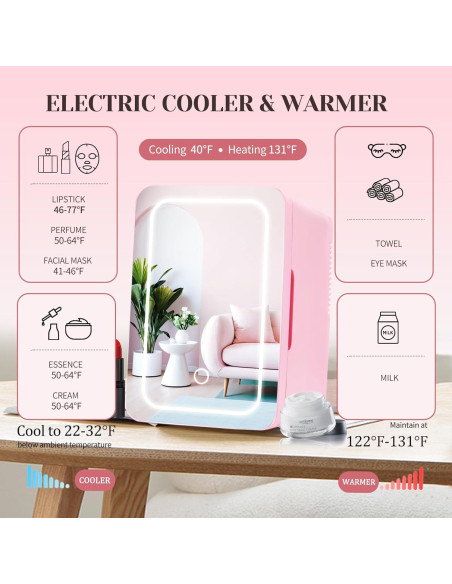 Refrigerador Mini Wdemna 6L Rosa con Espejo LED y Calentador Refrigerador Mini Wdemna 6L Rosa con Espejo LED y Calentador