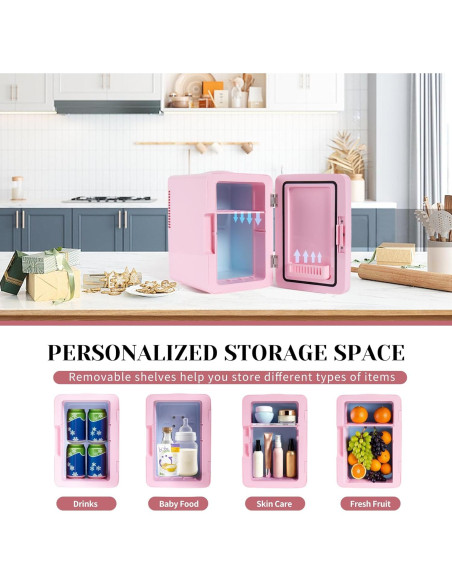 Refrigerador Mini Wdemna 6L Rosa con Espejo LED y Calentador Refrigerador Mini Wdemna 6L Rosa con Espejo LED y Calentador