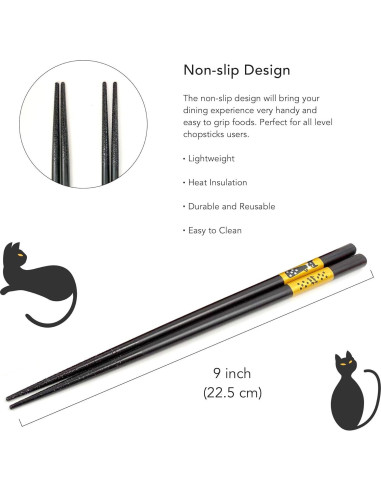Juego de Palillos de Bambú JapanBargain 4510, 5 Pares, Gato Negro