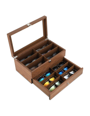 Caja Organizadora de Gafas de Sol de Madera con 12 Compartimentos