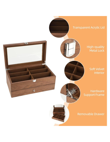 Caja Organizadora de Gafas de Sol de Madera con 12 Compartimentos Caja Organizadora de Gafas de Sol de Madera con 12 Compartimentos