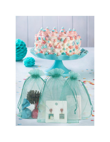 100 Bolsas de Organza Teal 10x15 cm con Cierre de Cuerda