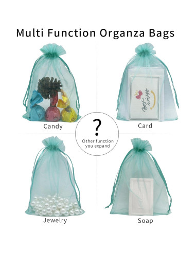 100 Bolsas de Organza Teal 10x15 cm con Cierre de Cuerda