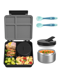 Caja de Almuerzo Bento Negra con Termo Aislado 227g 4 Compartimentos