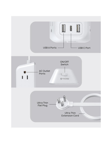 Protector de Sobretensión TROND 5 Salidas AC 3 USB 1.52m
