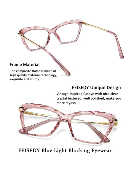 Gafas de Ojo de Gato FEISEDY Cristal Rosa con Bloqueo Luz Azul Gafas de Ojo de Gato FEISEDY Cristal Rosa con Bloqueo Luz Azul