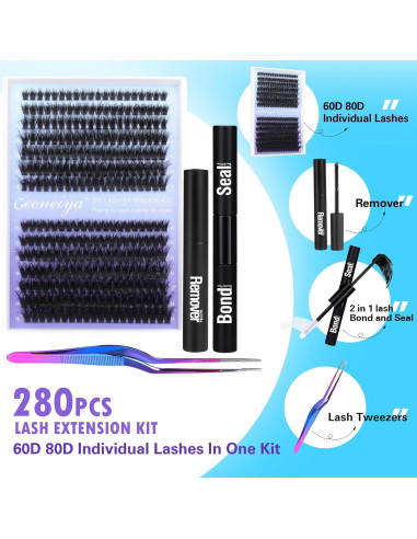 Kit de Extensión de Pestañas Geeneiya 280 Piezas con Pegamento