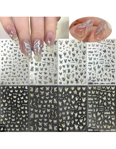 Calcomanías de Uñas 3D ZRZETREB Mariposa Holográfica 8 Hojas