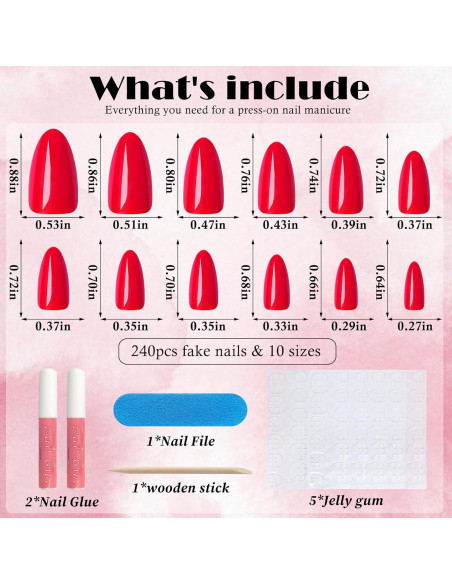 Kit Uñas Postizas Almendra Rojas AddFavor 240pcs Medianas Kit Uñas Postizas Almendra Rojas AddFavor 240pcs Medianas