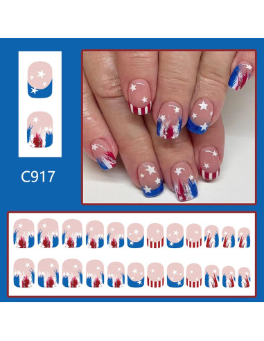 24 Uñas Falsas Patrióticas RIICFDD 4 de Julio Cortas