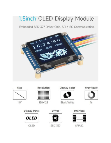 Módulo de Pantalla OLED Waveshare 1.5" 128x128 SPI/I2C