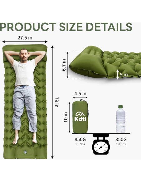 Colchoneta Inflable Kdti 79" x 27.5" x 5" Verde con Bomba Colchoneta Inflable Kdti 79" x 27.5" x 5" Verde con Bomba